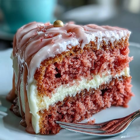 Elegant pink Rosé Velvet Cake decorated with a delicate edible gold glaze.