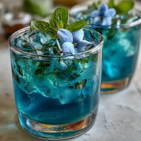 Butterfly Pea Flower Lemonade: mesmerizing blue liquid transforms to purple with ice.
