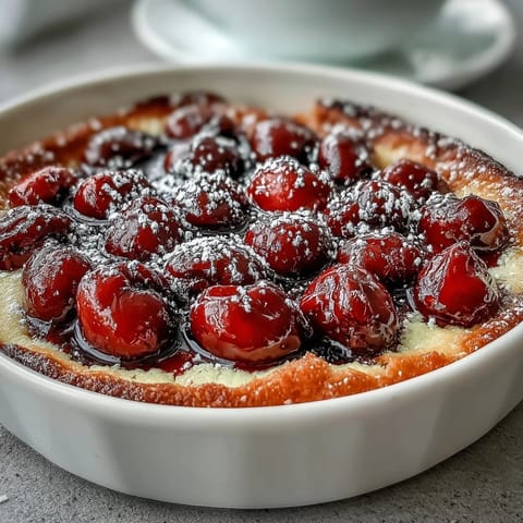 Golden fresh cherry clafoutis studded with bright red cherries, baked to perfection.