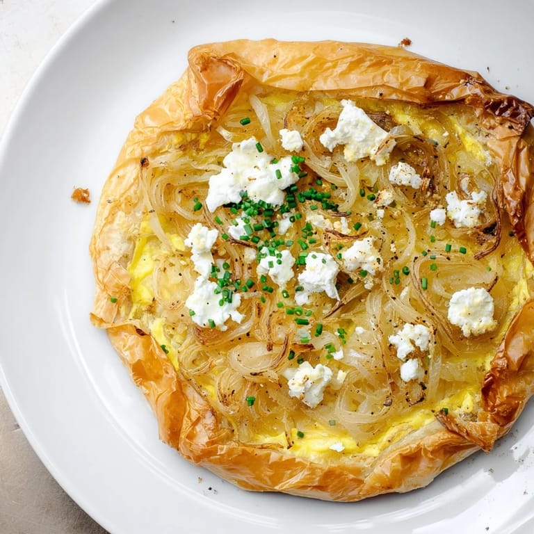Flaky pastry holds a savory Decadent Caramelized Onion and Goat Cheese tart, sprinkled with herbs.