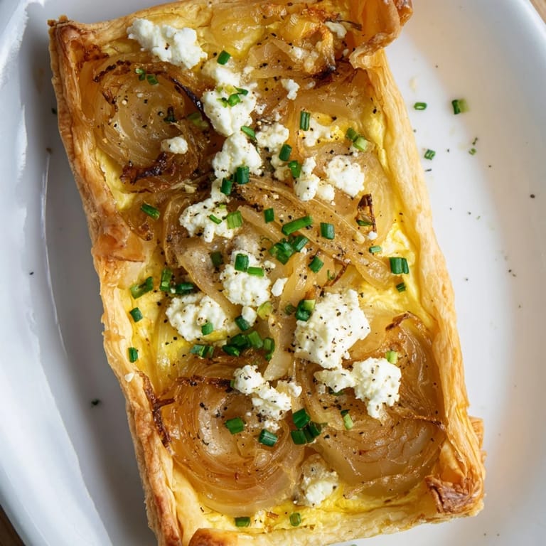 A freshly baked Decadent Caramelized Onion and Goat Cheese Tart, perfect for a special occasion.