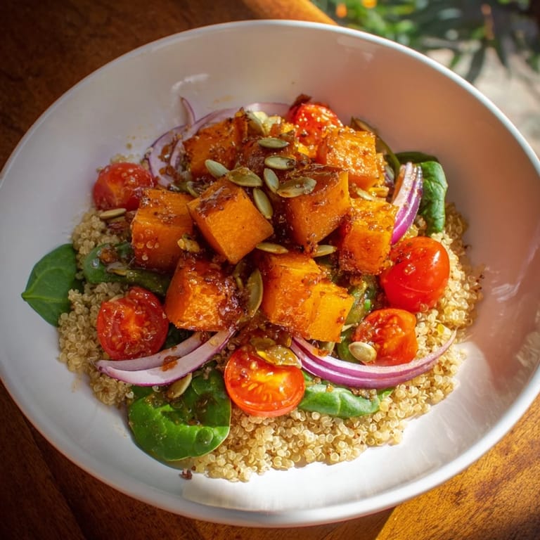 This warm Golden Honey-Roasted Butternut Squash Bowl showcases tender squash, quinoa, and a tangy honey-lime drizzle.