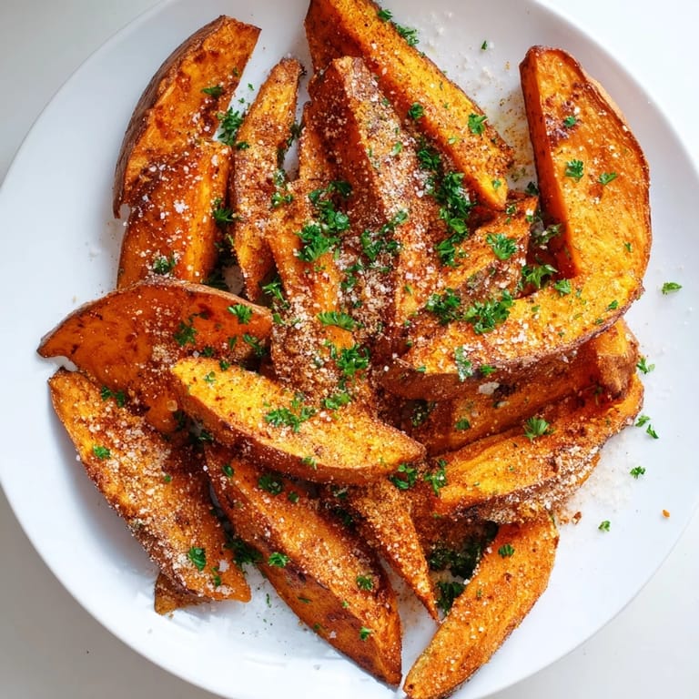 Warm-toned photo of flavorful sweet potato wedges, a delicious American side dish, perfectly baked.