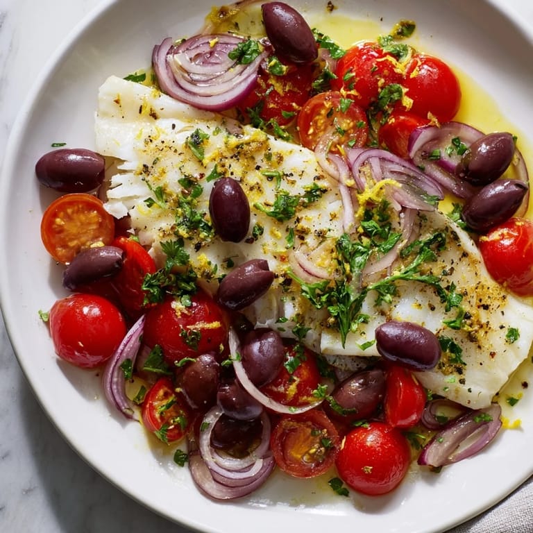 A close up of One-Tray Baked Cod with bright red tomatoes, a tempting Mediterranean meal.