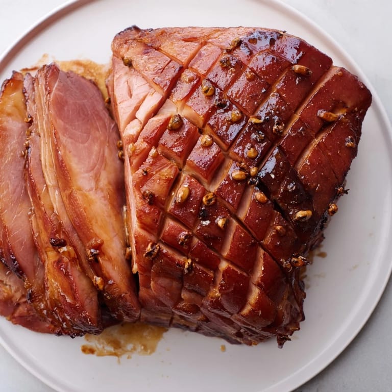 Close-up of a tender Slow-Cooked Honey Glazed Ham, richly glazed and ready to be served for a festive dinner.
