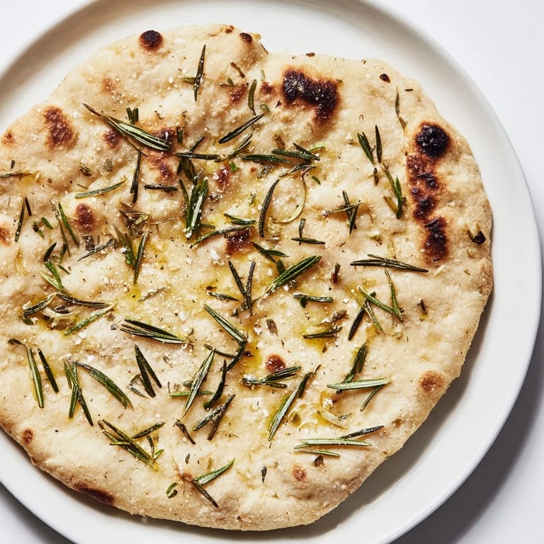Freshly baked quick homemade flatbread, seasoned with rosemary and sea salt, ready to be enjoyed.