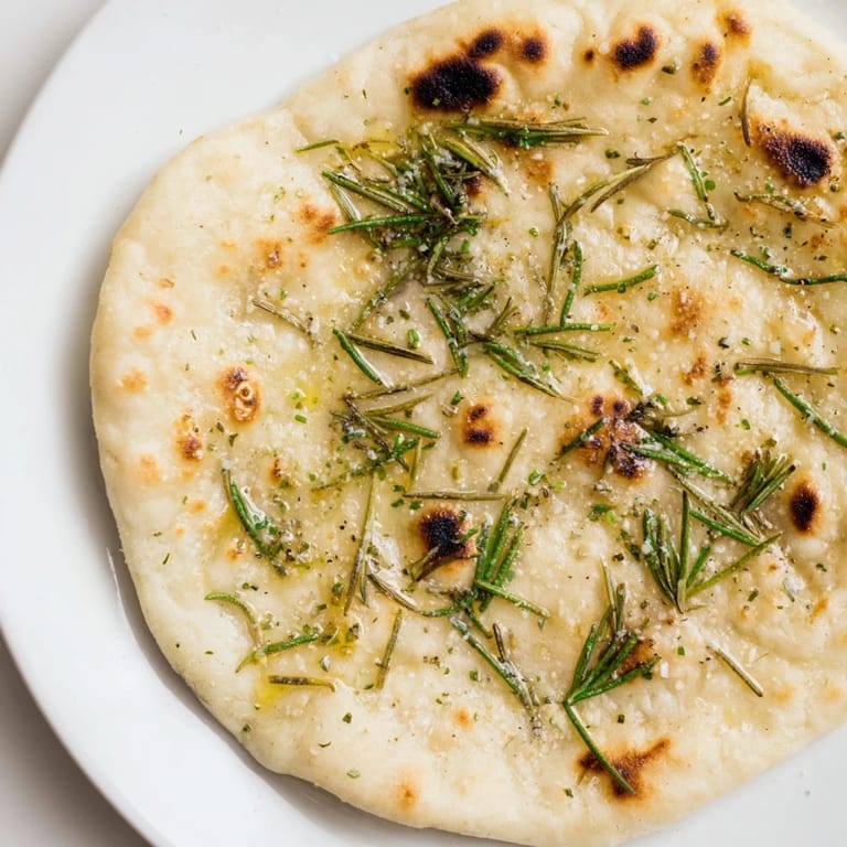 Crispy edges and soft center mark the delicious texture of the quick homemade flatbread with rosemary.