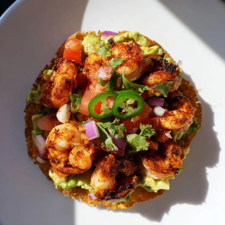 Freshly prepared Quick Shrimp and Avocado Tostada shells topped with seasoned shrimp and colorful garnishes.