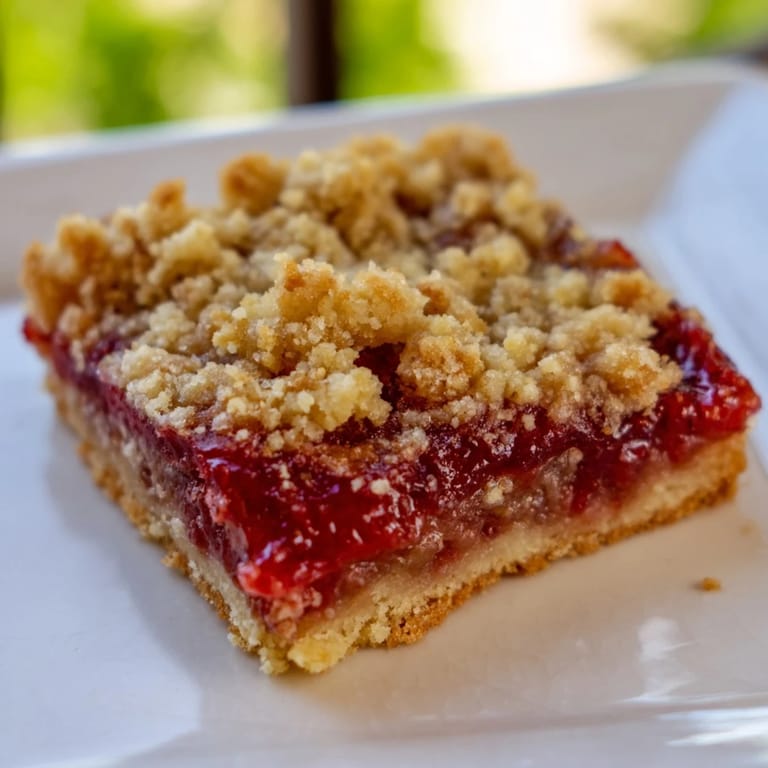 A close-up of freshly baked Simple Homemade Strawberry Jam Squares, showcasing vibrant strawberry filling and buttery crust.