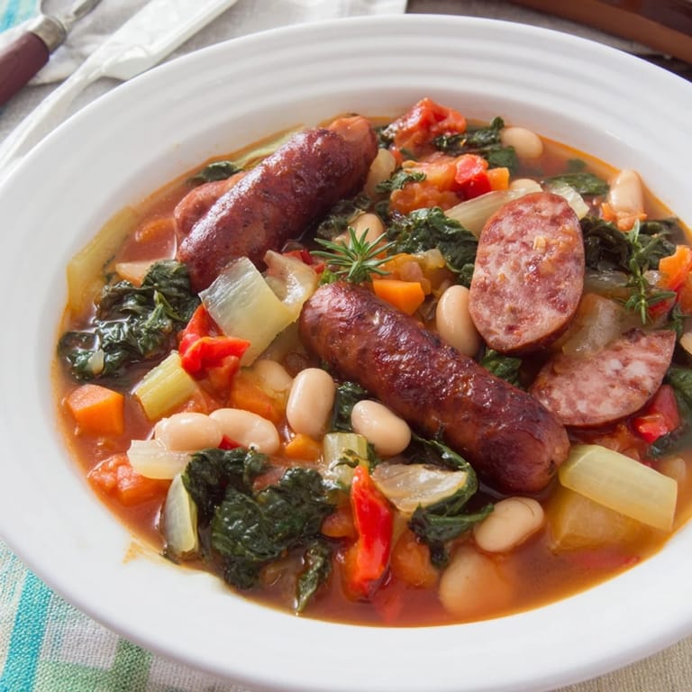 Hearty One-Pot Sausage and White Bean Stew: a close-up of the sausage, beans, and vegetables together.