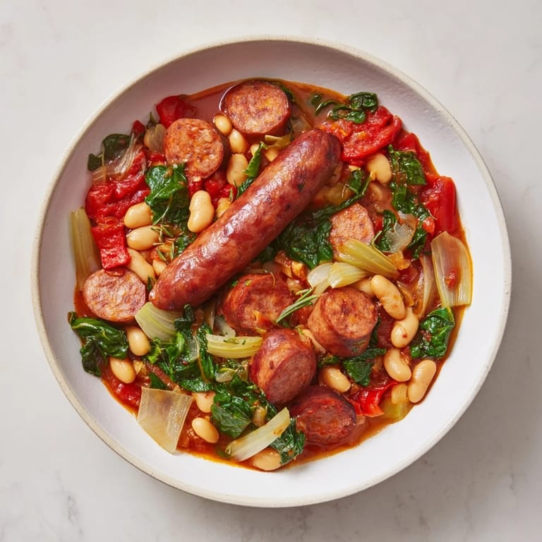 A Dutch oven brimming with delicious One-Pot Sausage and White Bean Stew, ready for a cozy dinner.