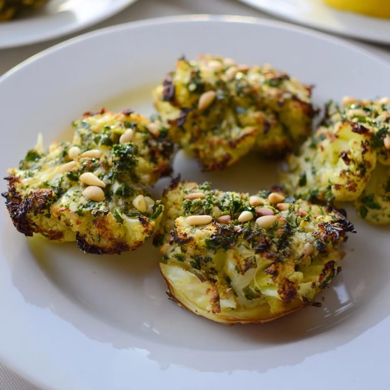 Close-up of perfectly roasted cauliflower steaks, showcasing the tahini drizzle and parsley garnish.
