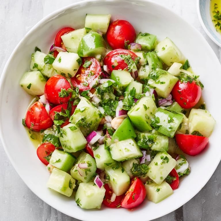This Fresh Cucumber and Chickpea Salad shows a close-up of fresh ingredients, tossed and ready to eat.