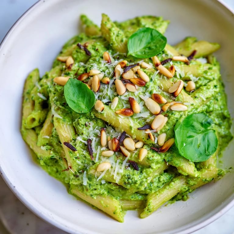 Close-up of the finished 15-minute creamy pesto pasta, garnished with fresh basil and pine nuts.