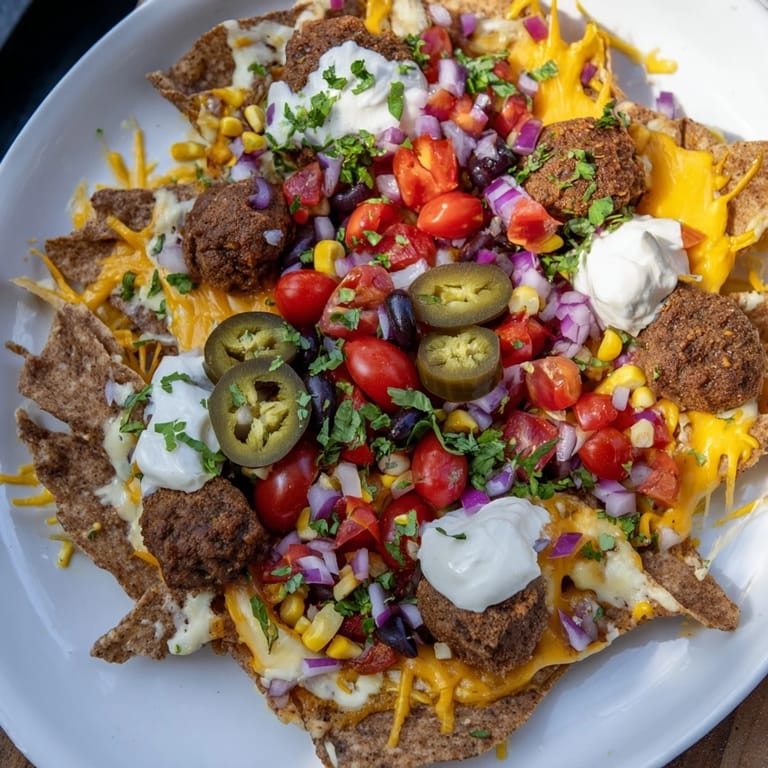 A close-up of cheesy, savory classic sheet pan beef nachos, piled high with fresh toppings and ready to serve.