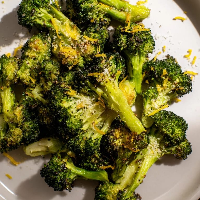 Close-up of freshly roasted Lemon Garlic Roasted Broccoli, seasoned with zesty lemon and herbs before plating.