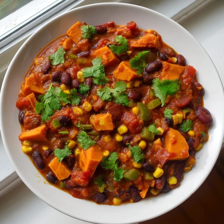 Close-up of hearty Smoky Sweet Potato Chili, perfect for a warming and delicious dinner.