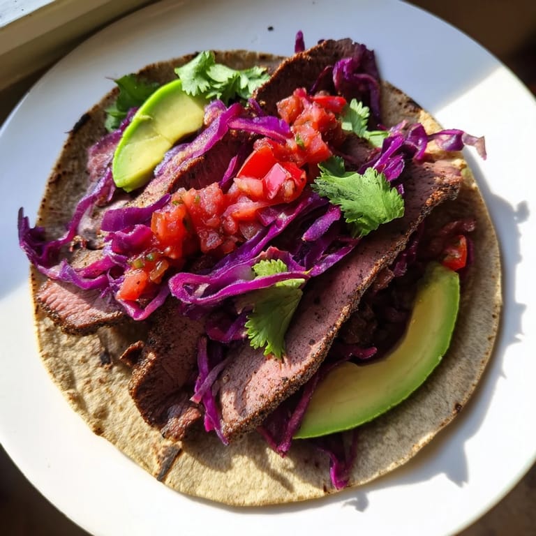 Juicy, flavorful coffee-rubbed steak tacos served with ripe avocado and fresh cilantro offer a delicious meal.