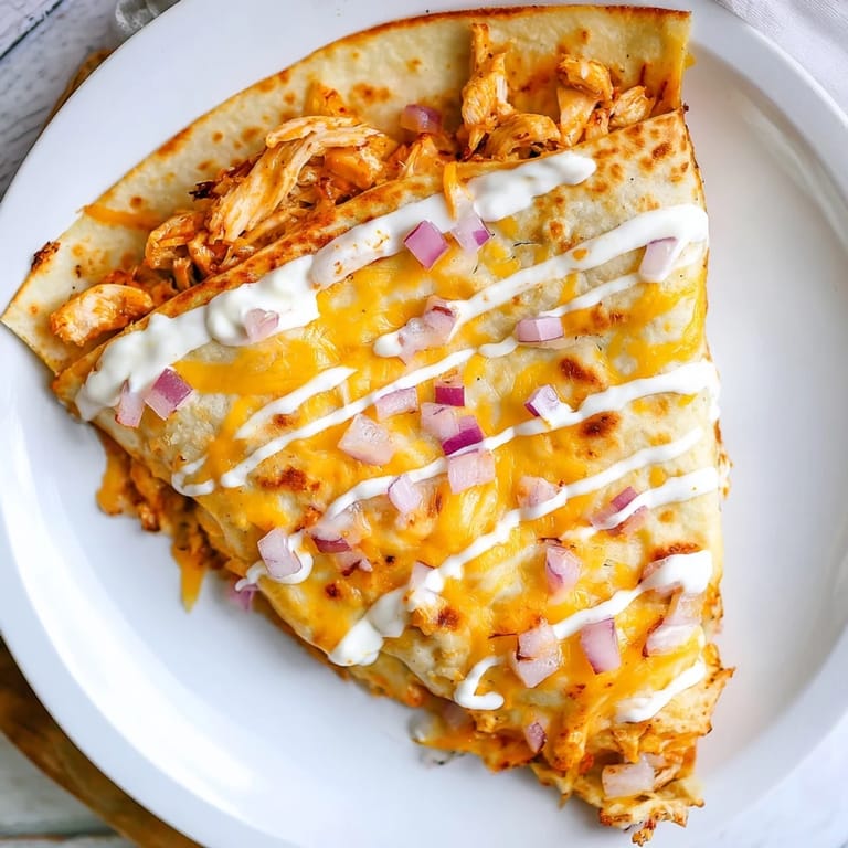 Warm, melty Buffalo Chicken Quesadilla with cheese oozing out, great with cool ranch dressing.