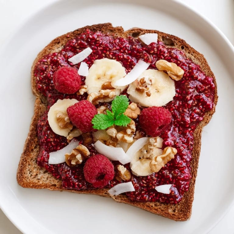 Enjoy this easy recipe: warm, golden toast piled high with homemade raspberry chia jam.