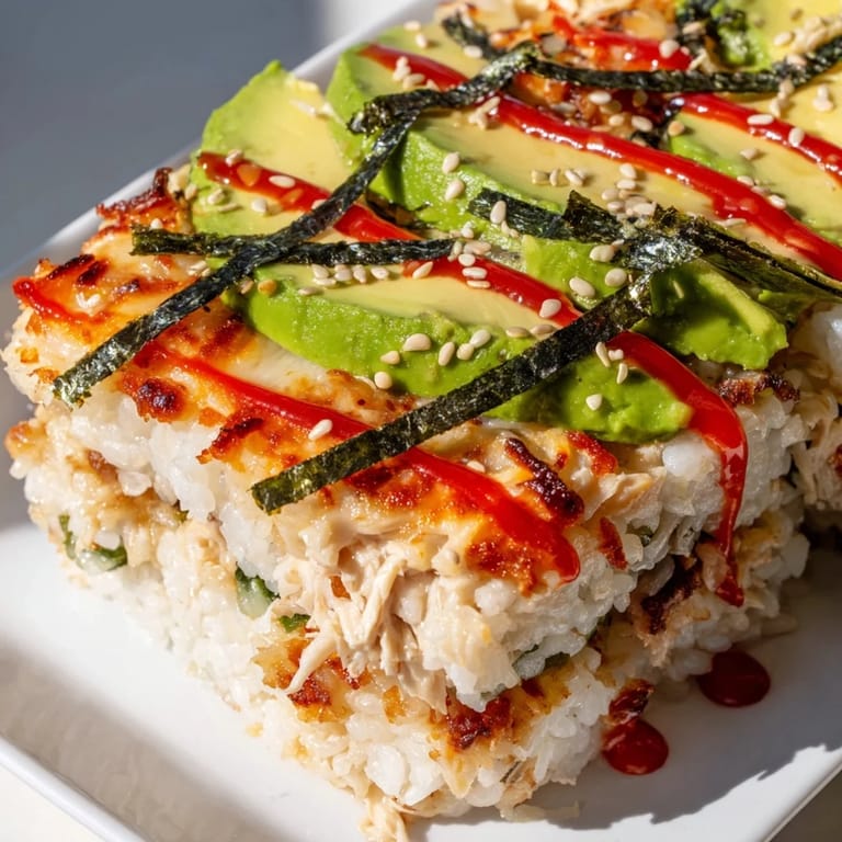 Savory Chicken Sushi Bake with avocado slices and nori strips – ready to serve and enjoy.
