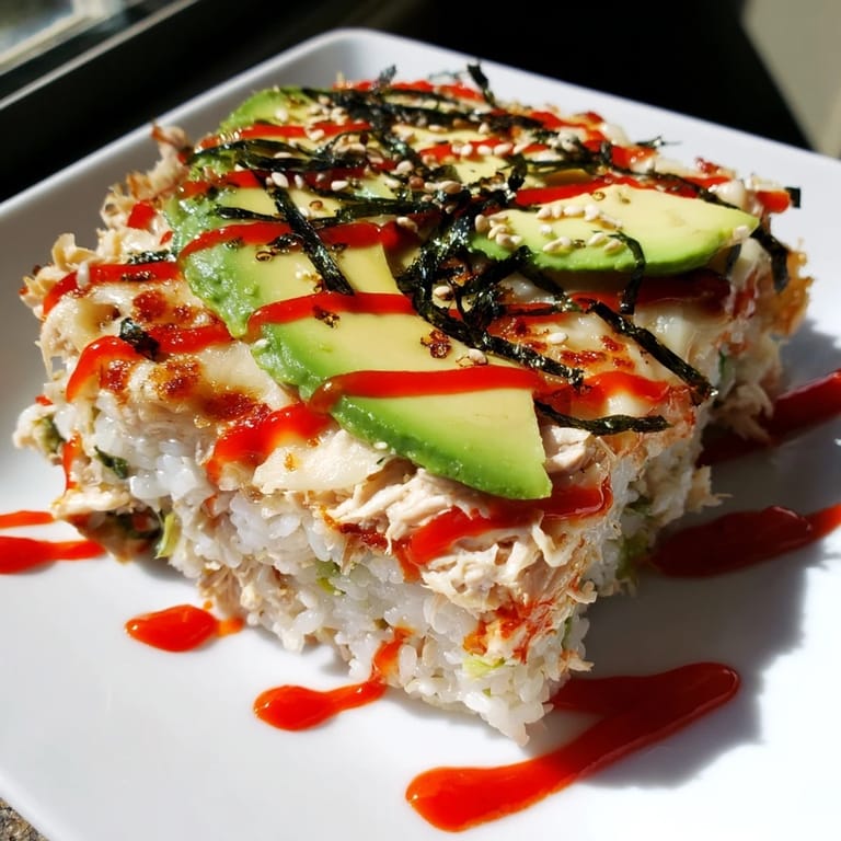 A baking dish showcases the cheesy topping on this flavorful Chicken Sushi Bake recipe.