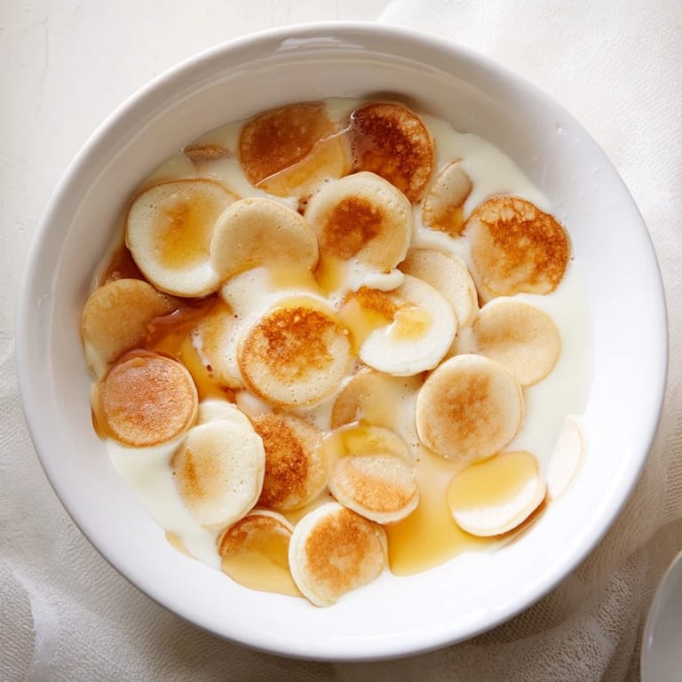 A delightful serving of fluffy pancake cereal, perfect for a cozy brunch with maple syrup.