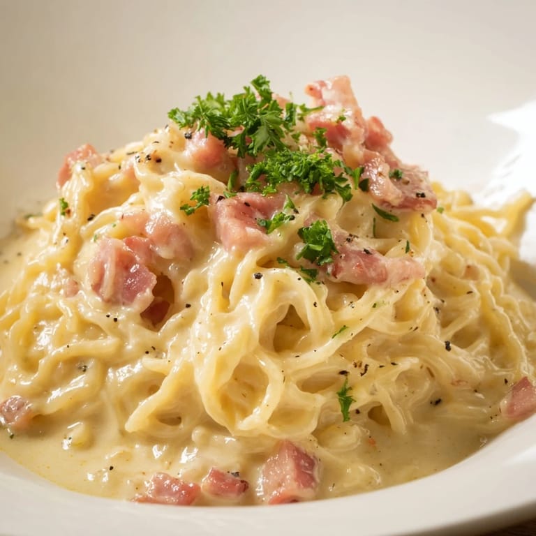 A single serving of Ramen Carbonara hack, with crispy bacon crumbles amidst the creamy egg and cheese.