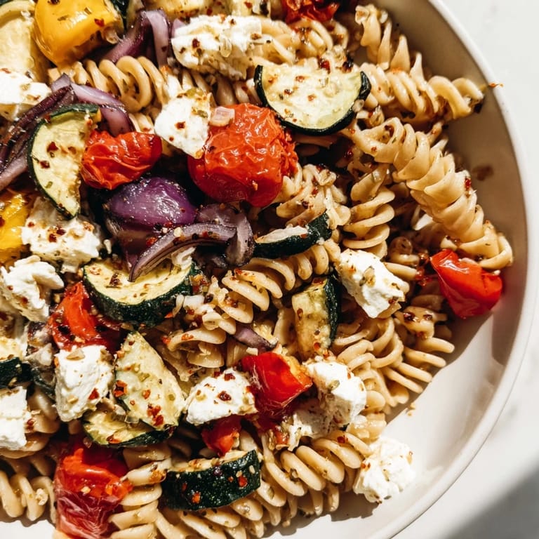 Golden baked feta cheese melts amongst colorful roasted veggies with this Baked Feta Pasta 2.0.
