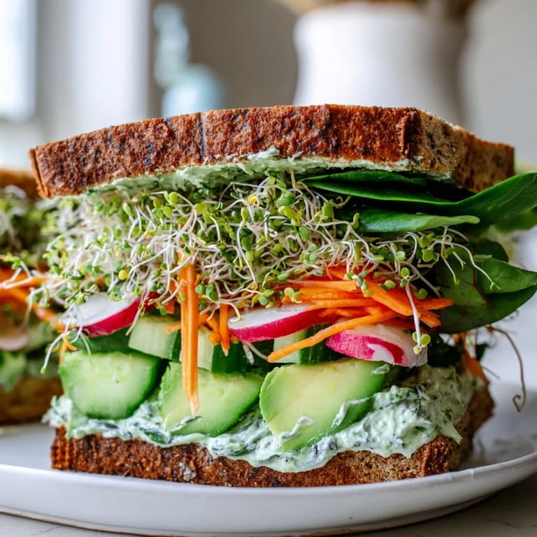 A close-up shot of a halved Green Goddess Sandwich showcasing colorful layers.