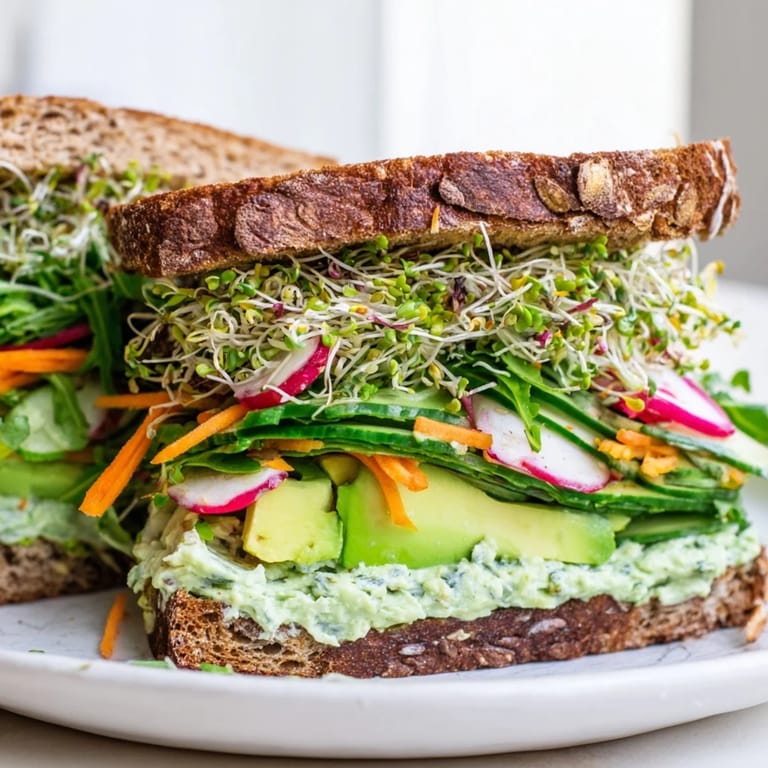 Homemade Green Goddess Sandwich on sourdough, a healthy and delicious lunchtime meal.