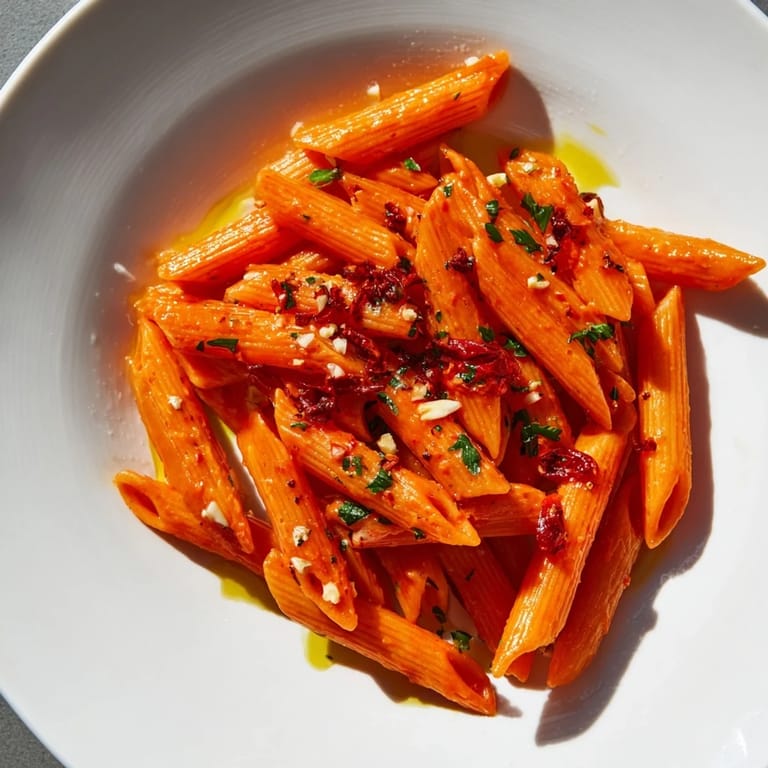 Close-up of freshly made Penne all’Arrabbiata: a delicious Italian pasta dish with parsley garnish.