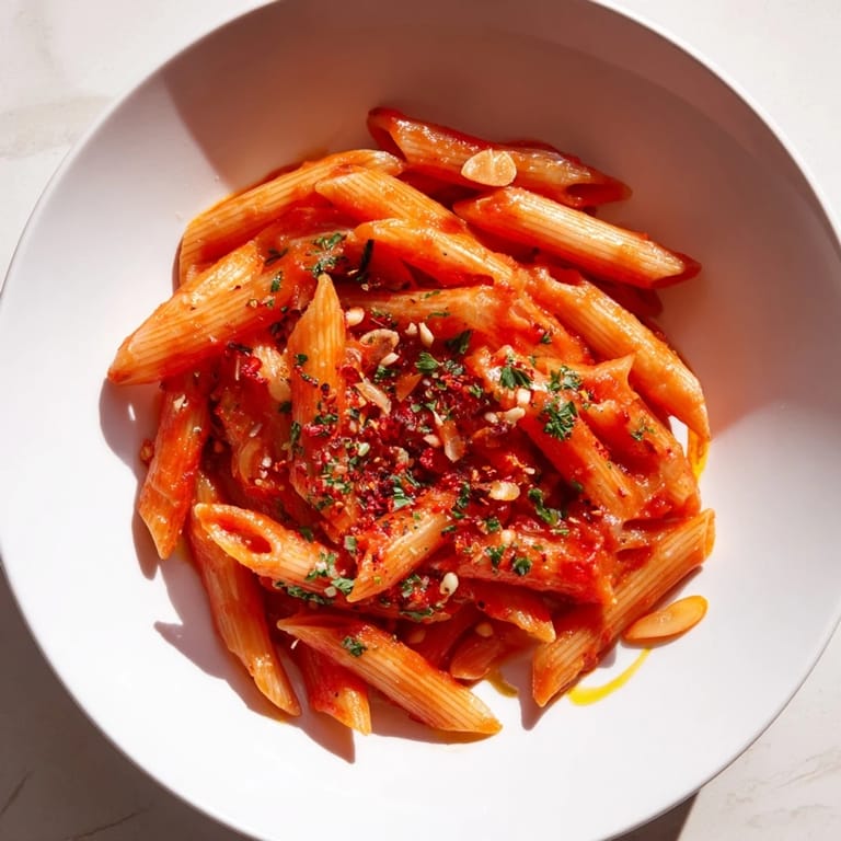 Hearty Penne all'Arrabbiata, rich in flavor, served with a drizzle of olive oil, ready to enjoy.