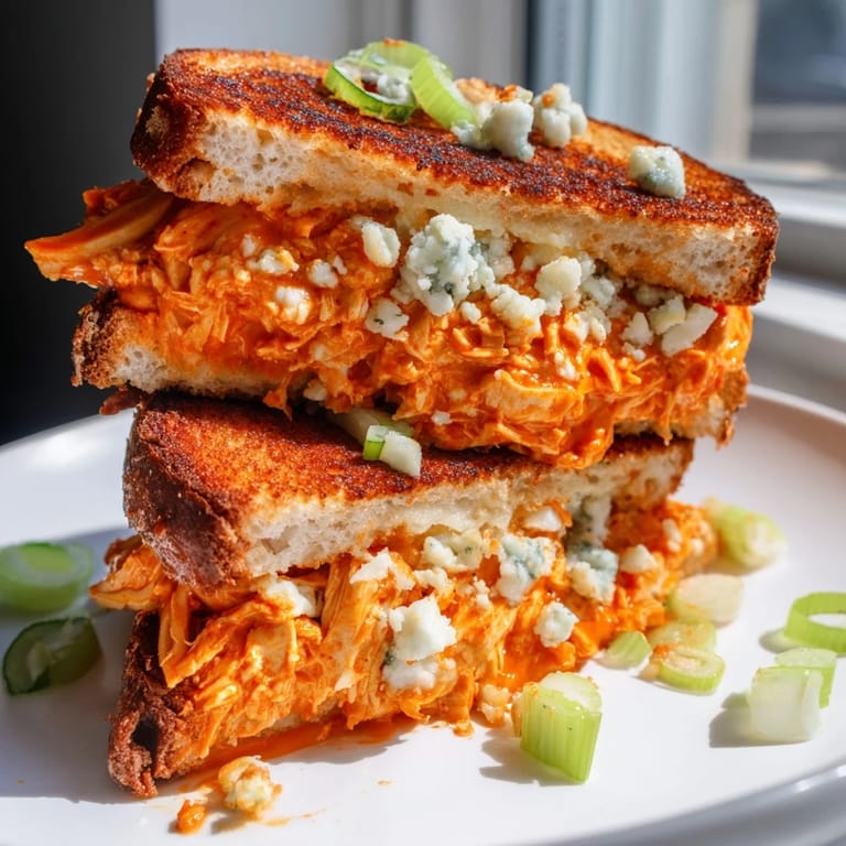 Tangy buffalo sauce coats juicy chicken in a Buffalo Chicken Grilled Cheese, perfectly nestled in crispy, toasted bread.