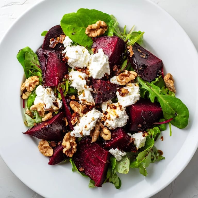 A close-up shot of Beet and Goat Cheese Salad, highlighting the textures of beets, cheese, and greens.