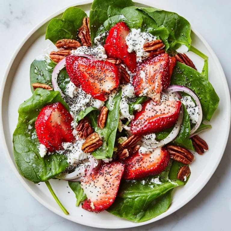 Fresh Spinach Strawberry Salad tossed in a sweet poppy seed dressing, bursting with Spring flavors.