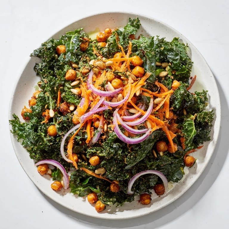 Enjoy a close-up of this delicious Kale Salad with Roasted Chickpeas, perfect for a light, flavorful meal.