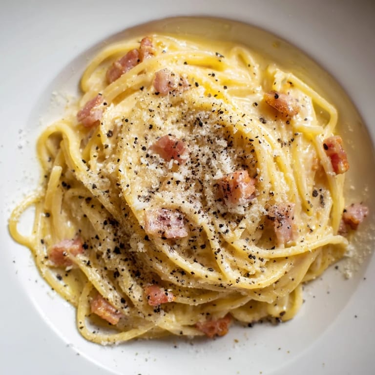 Perfectly plated express Spaghetti Carbonara, garnished with extra Parmesan and fresh black pepper for flavor.