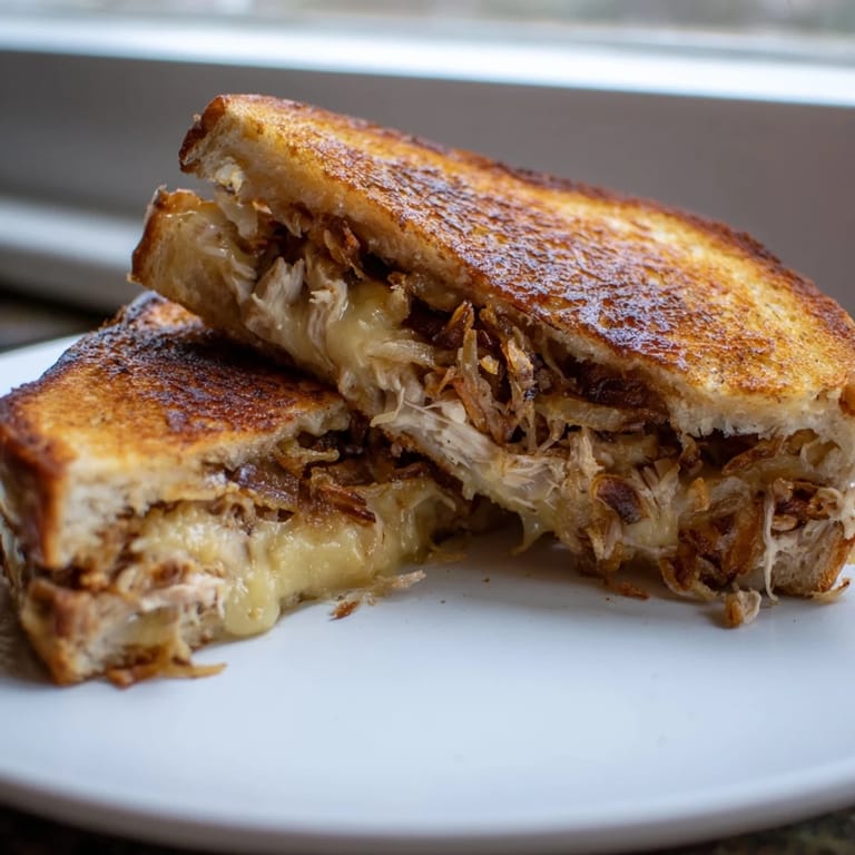 Crispy layers and melty cheese: a delicious close-up of a Crispy Shallot Chicken Grilled Cheese sandwich.