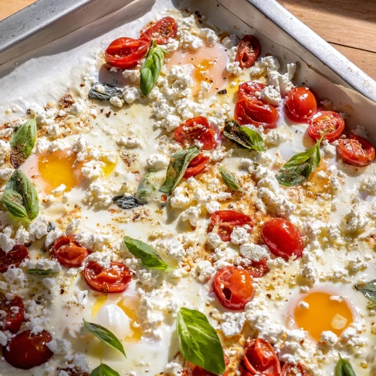 Golden, baked Tomato Feta Eggs with juicy tomatoes, perfect for a flavorful Mediterranean breakfast.