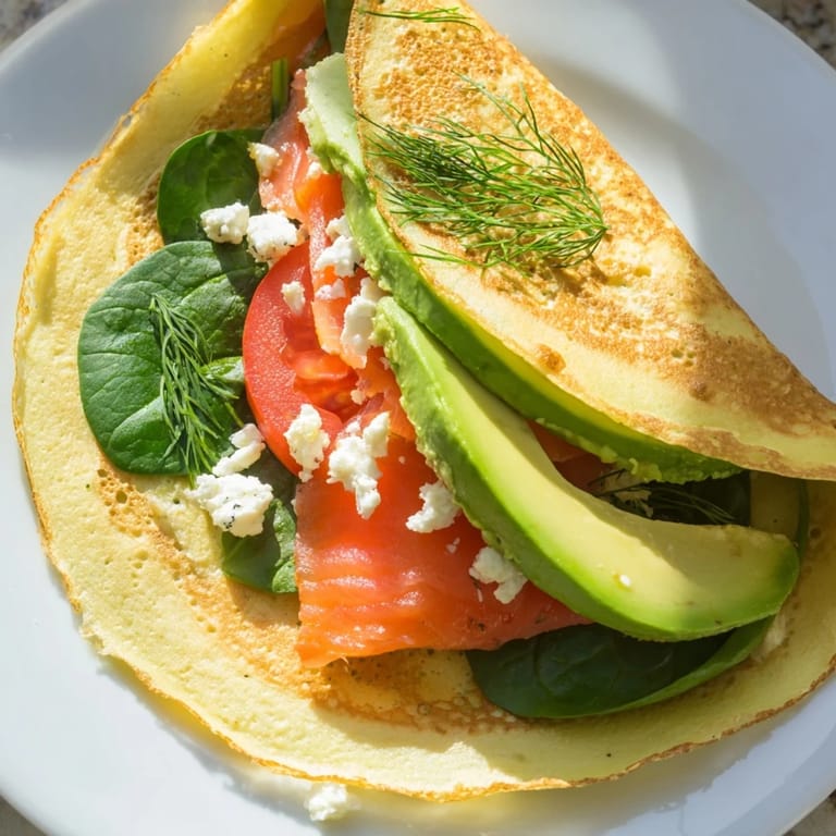 See the perfectly cooked Blender Egg Crepe Wrap ready to be filled with fresh, colorful ingredients.