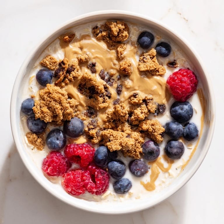 Enjoy a close-up of a decadent overnight oats gourmet makeover, boasting cookie crumbles and a nut butter swirl.