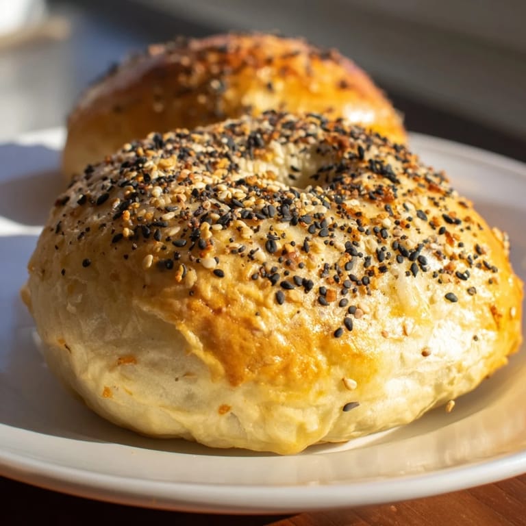 Homemade Everything Bagel Yogurt Bagels with a perfect Everything Bagel seasoning topping, ideal for satisfying breakfast cravings.