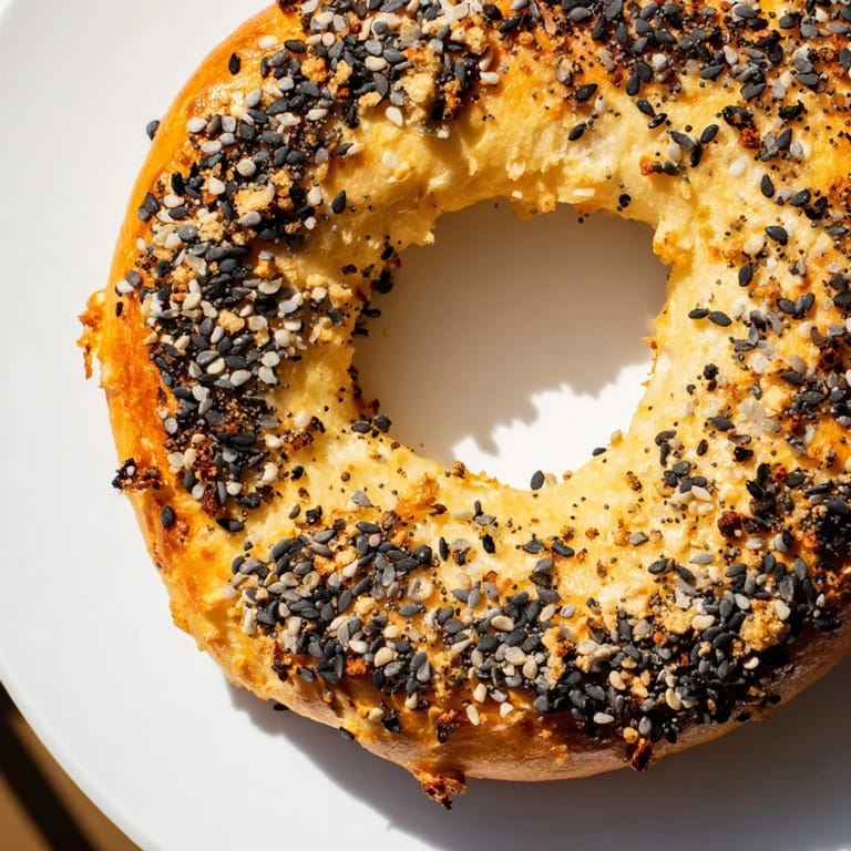 Close-up of a warm, soft Everything Bagel Yogurt Bagel, showcasing a delicious, savory, and quick breakfast option.
