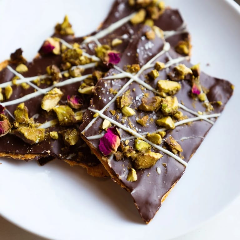 Homemade Pistachio Dubai Chocolate Bark, garnished with rose petals, ready to be broken and shared.