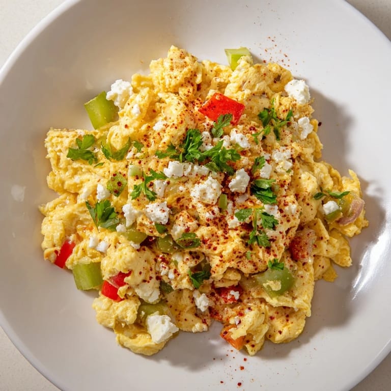 Golden Turkish Menemen: fluffy scrambled eggs in a rich tomato sauce, a flavorful and easy vegetarian meal.
