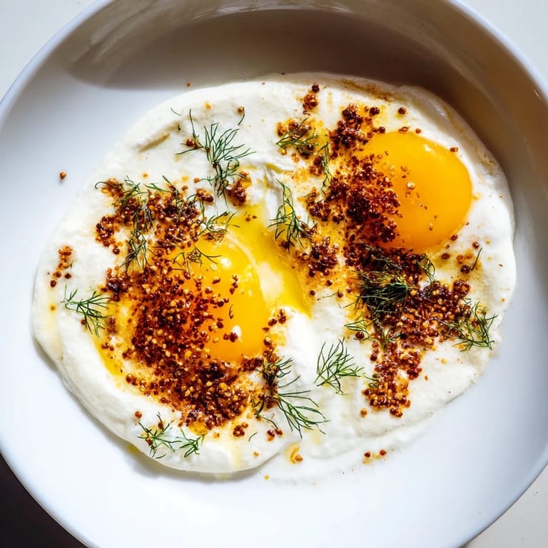 Vibrant photo of Turkish Cilbir: soft poached eggs atop garlicky yogurt with a spicy butter sauce.
