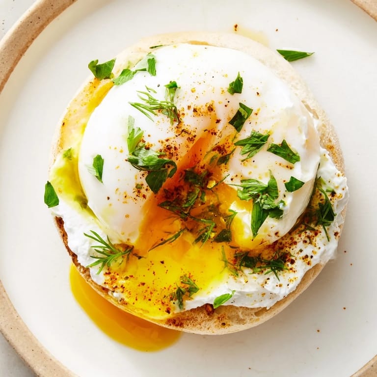 A beautiful plate of Çılbır Eggs Benedict with creamy yogurt and fresh herbs.