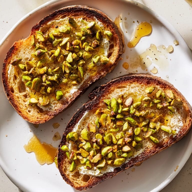 Simple pistachio butter toast, a quick and elegant breakfast with bright green pistachios.