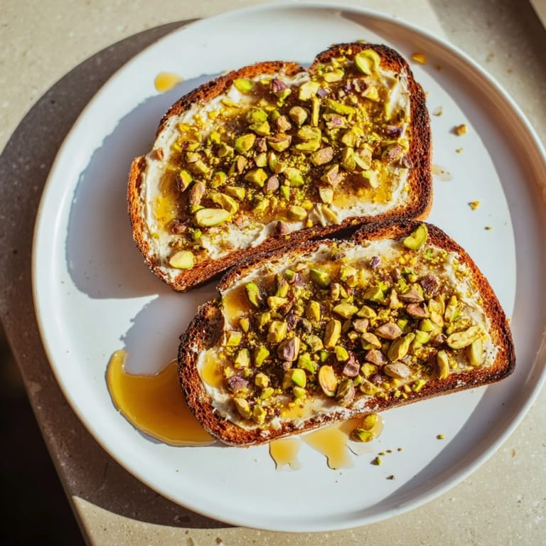 Delicious pistachio butter toast, finished with a sweet honey drizzle and sea salt.